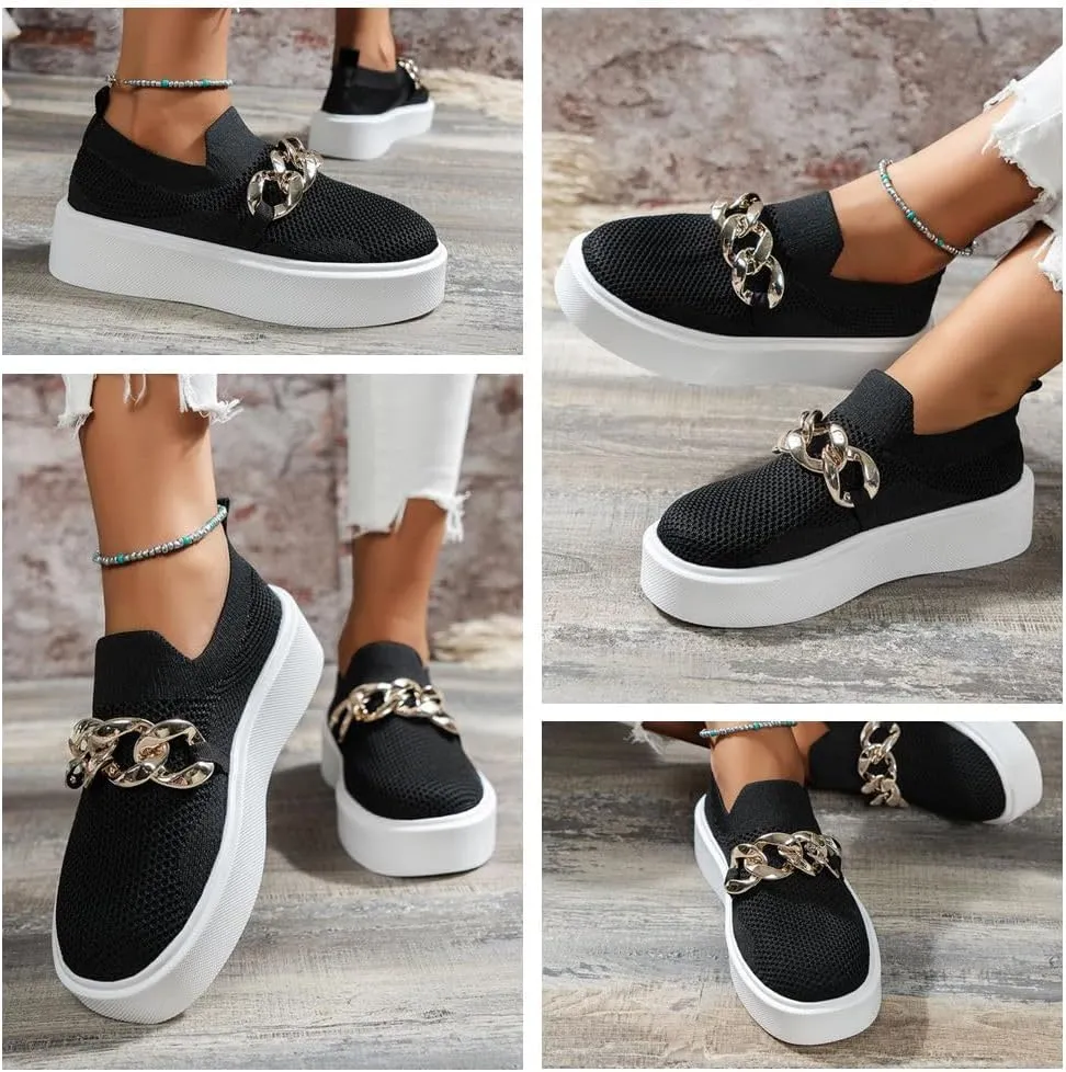 Women's Fashion Mesh Platform Loafers - Chunky Sole Slip-On Sneakers with Metal Chain Detail, Breathable and Comfortable Casual Walking Shoes