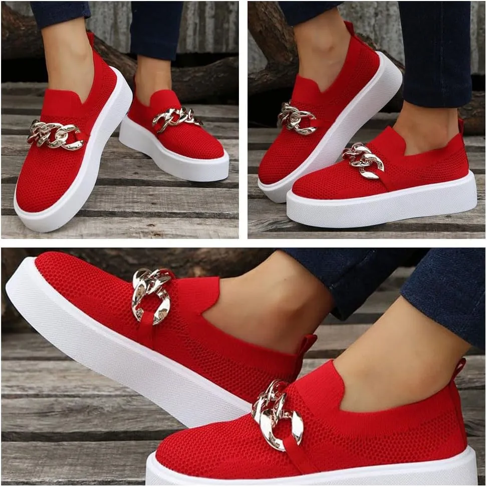 Women's Fashion Mesh Platform Loafers - Chunky Sole Slip-On Sneakers with Metal Chain Detail, Breathable and Comfortable Casual Walking Shoes
