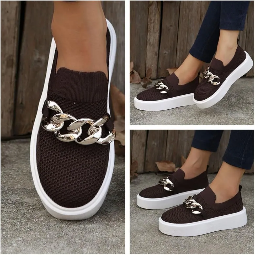 Women's Fashion Mesh Platform Loafers - Chunky Sole Slip-On Sneakers with Metal Chain Detail, Breathable and Comfortable Casual Walking Shoes