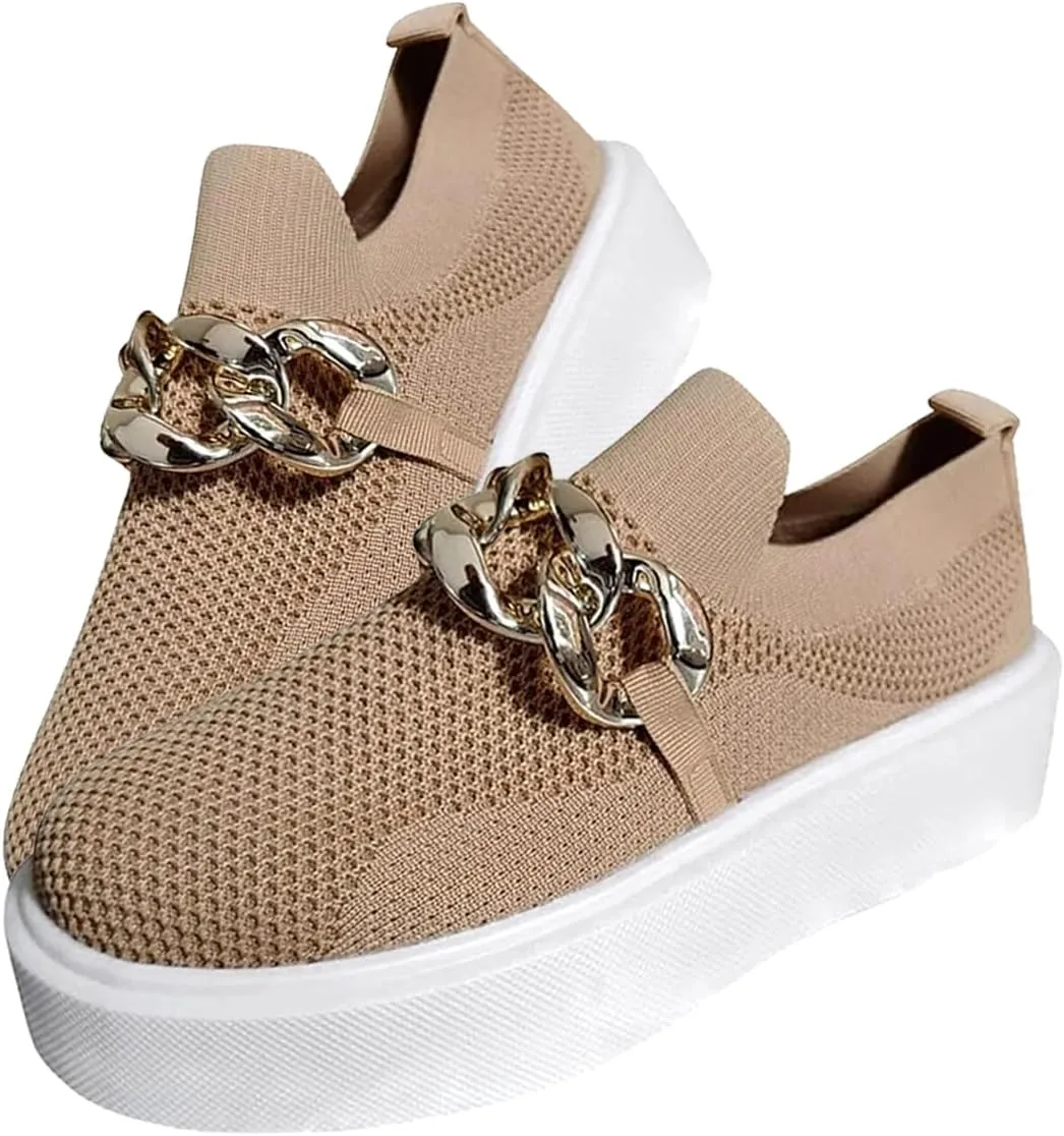 Women's Fashion Mesh Platform Loafers - Chunky Sole Slip-On Sneakers with Metal Chain Detail, Breathable and Comfortable Casual Walking Shoes
