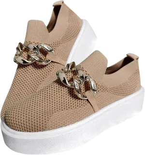 Women's Fashion Mesh Platform Loafers - Chunky Sole Slip-On Sneakers with Metal Chain Detail, Breathable and Comfortable Casual Walking Shoes