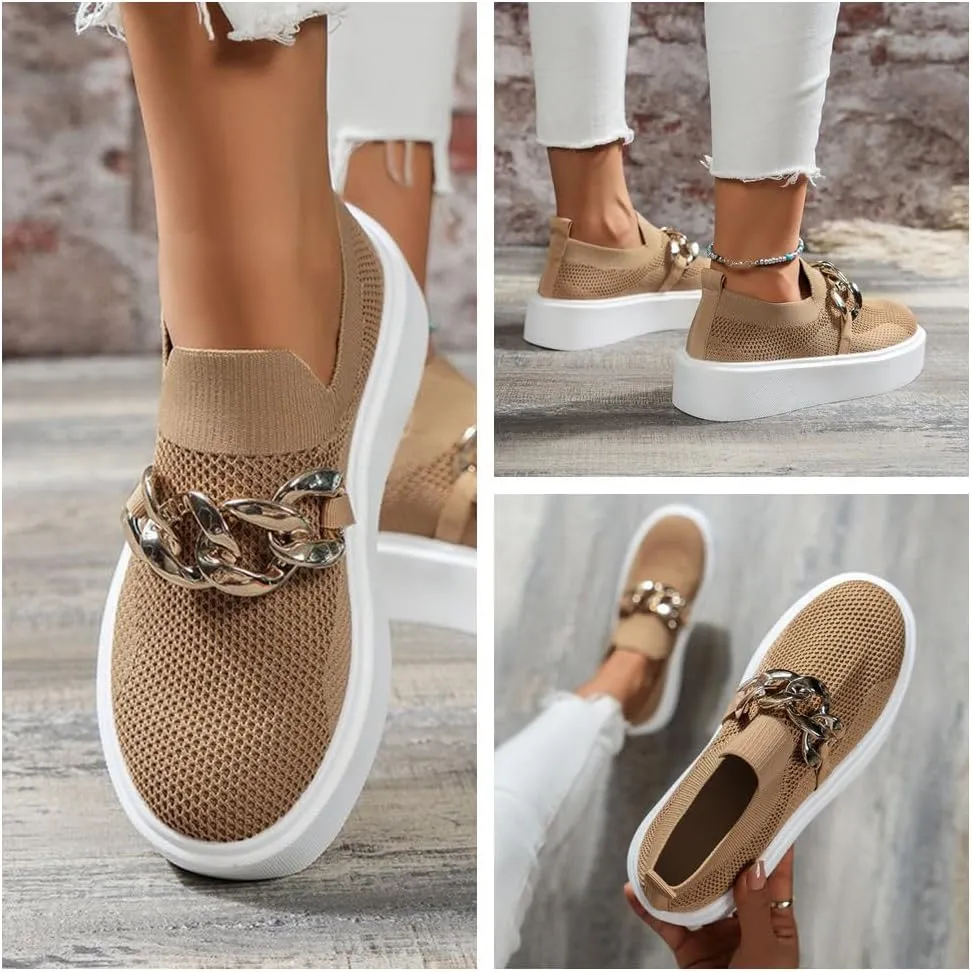 Women's Fashion Mesh Platform Loafers - Chunky Sole Slip-On Sneakers with Metal Chain Detail, Breathable and Comfortable Casual Walking Shoes