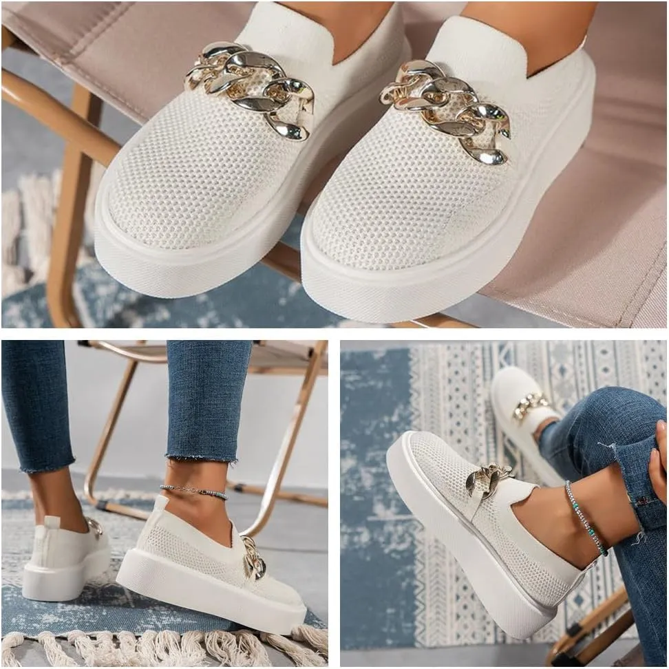 Women's Fashion Mesh Platform Loafers - Chunky Sole Slip-On Sneakers with Metal Chain Detail, Breathable and Comfortable Casual Walking Shoes