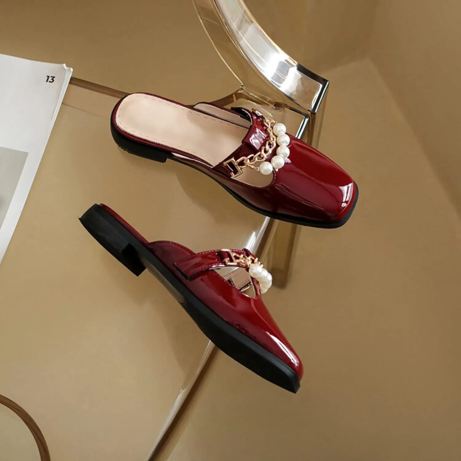 Women's Flat Mary Jane Mules Patent PU Leather Closed Square Toe Backless Slip on Slides Loafer Shoes