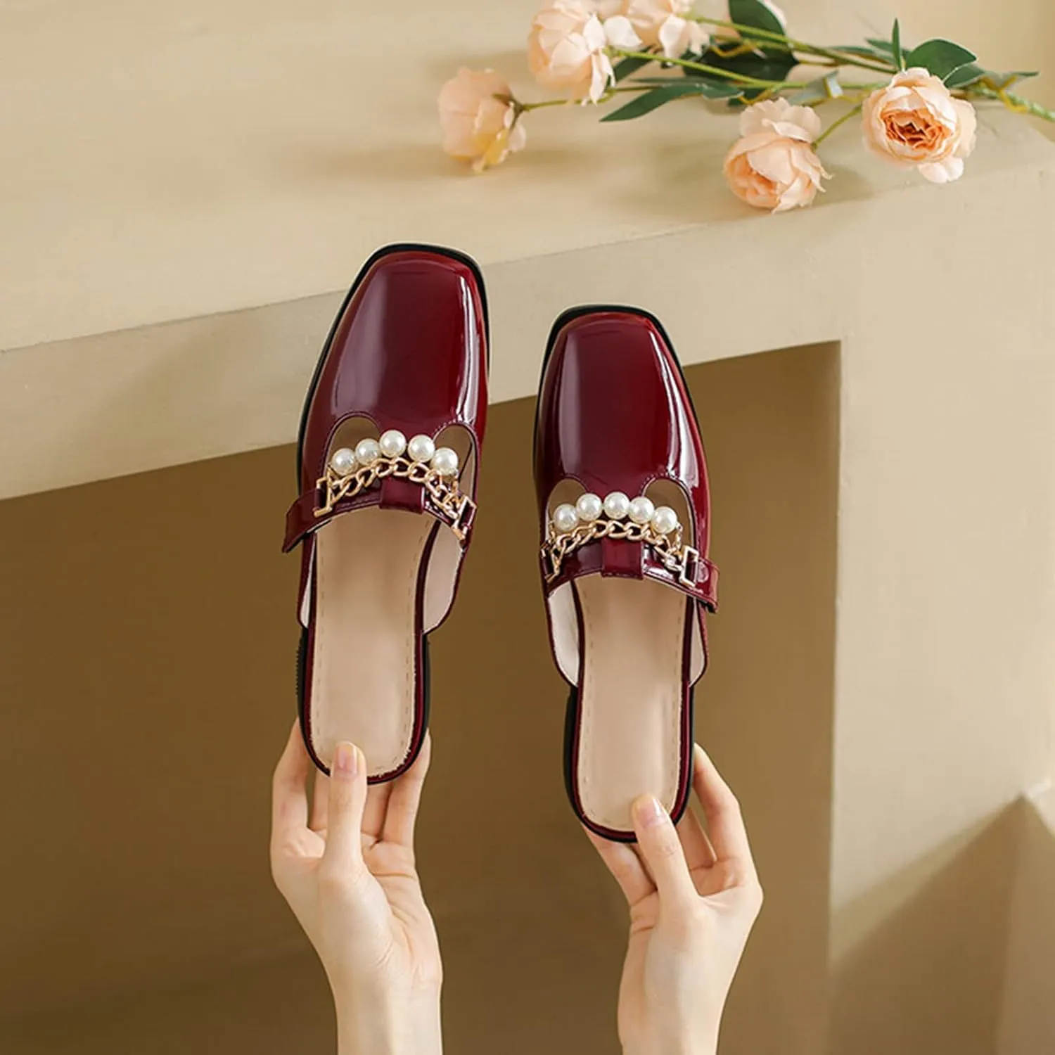 Women's Flat Mary Jane Mules Patent PU Leather Closed Square Toe Backless Slip on Slides Loafer Shoes