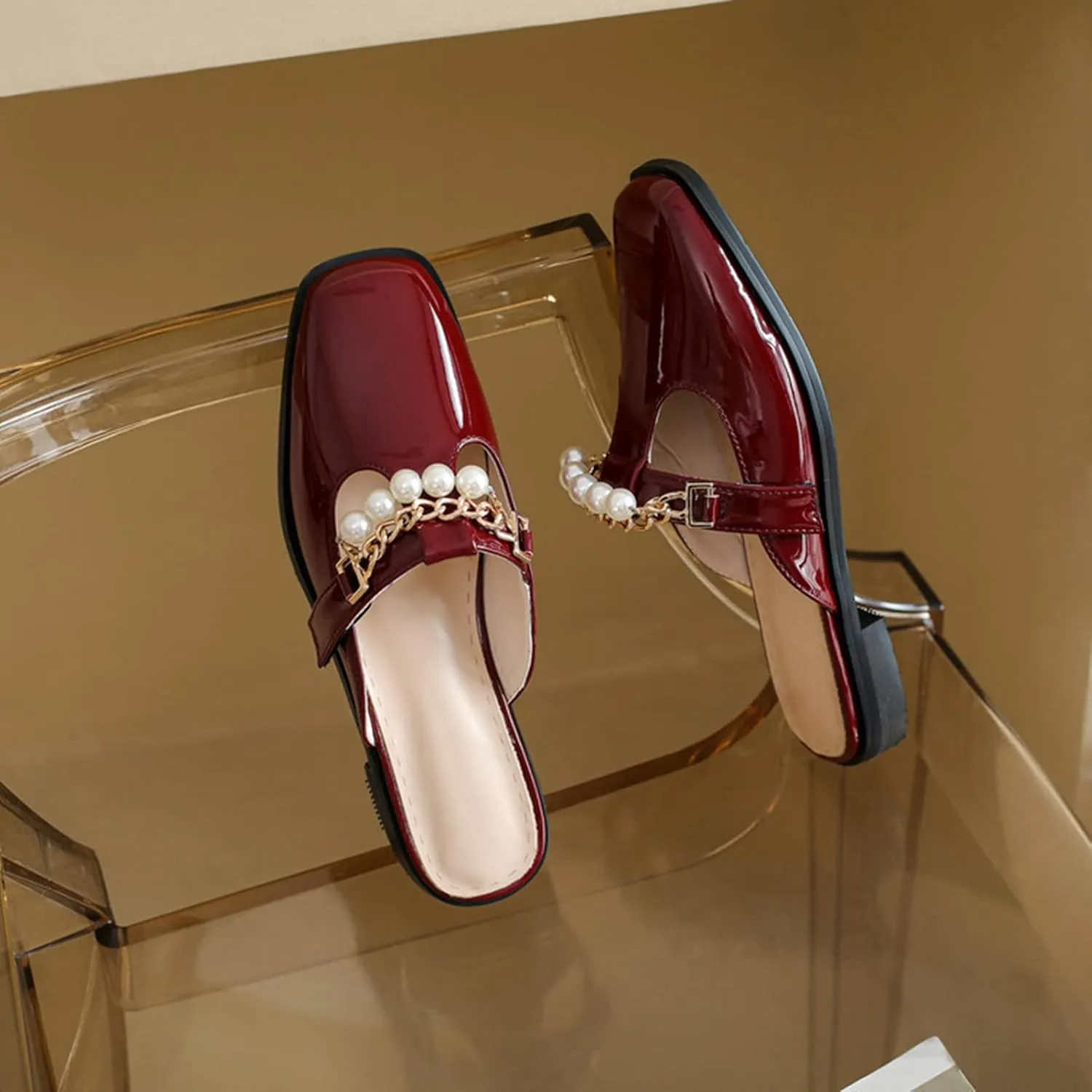 Women's Flat Mary Jane Mules Patent PU Leather Closed Square Toe Backless Slip on Slides Loafer Shoes