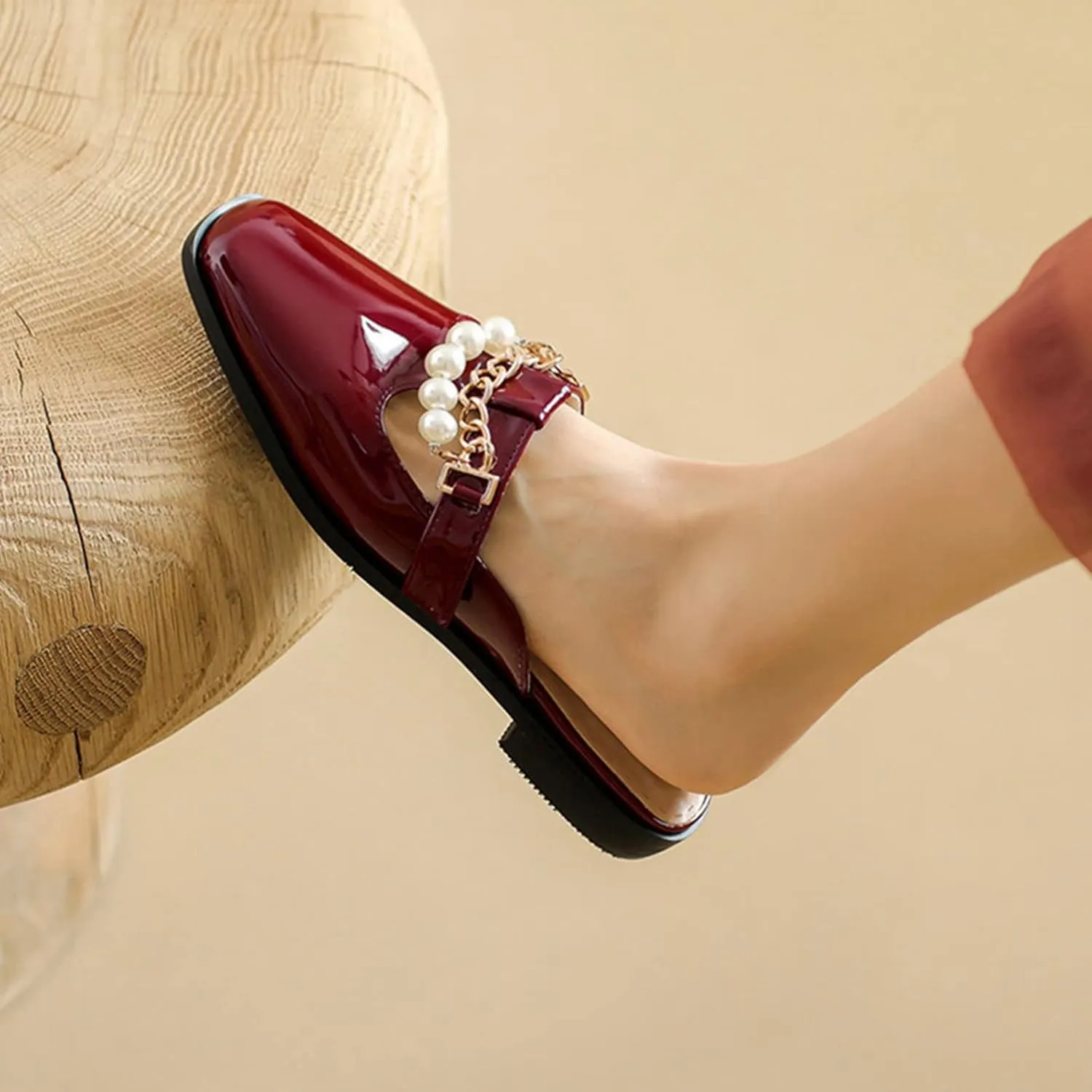 Women's Flat Mary Jane Mules Patent PU Leather Closed Square Toe Backless Slip on Slides Loafer Shoes