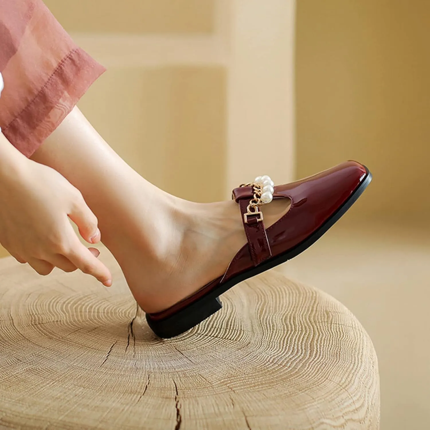 Women's Flat Mary Jane Mules Patent PU Leather Closed Square Toe Backless Slip on Slides Loafer Shoes