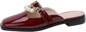 Women's Flat Mary Jane Mules Patent PU Leather Closed Square Toe Backless Slip on Slides Loafer Shoes