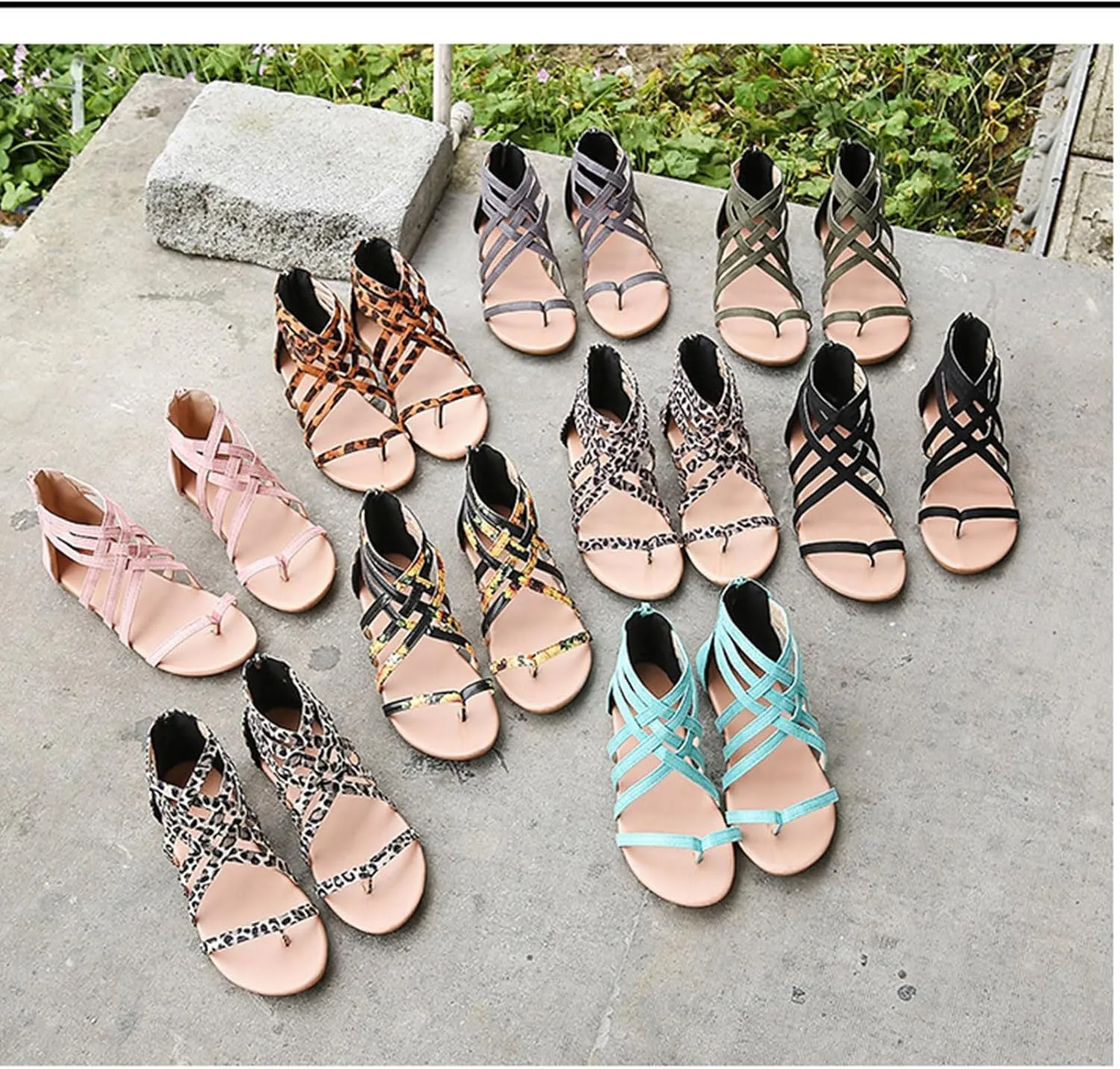 Women's Flat Sandals Gladiator Strap Flat Sandals Dressy Summer Breathable Clip Toe Thong Cross Strappy Shoes Back Zipper Roman Comfy Womens Sandals