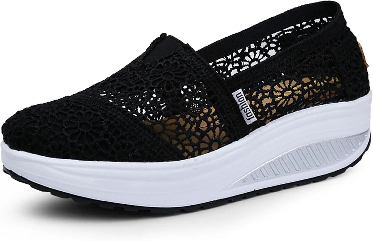 Women's Floral Embroidery Lace Mesh Air Cushion Sneakers,Comfortable Orthopedic Diabetic Walking Toning Shoes Breathable Slip on Platform Loafers Casual Fashion Rocker Shoes