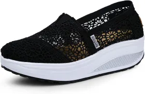 Women's Floral Embroidery Lace Mesh Air Cushion Sneakers,Comfortable Orthopedic Diabetic Walking Toning Shoes Breathable Slip on Platform Loafers Casual Fashion Rocker Shoes