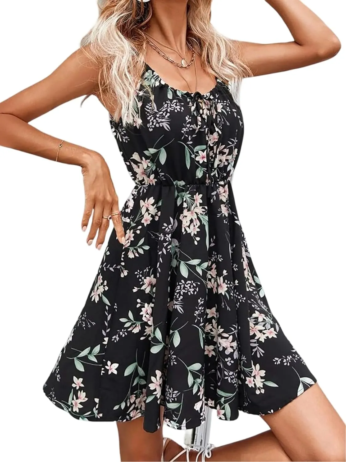 Women's Floral Print Sleeveless A-Line Cami Dress Tie Front Spaghetti Strap Mini Dress Summer Beach Vacation Dresses