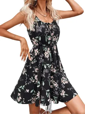 Women's Floral Print Sleeveless A-Line Cami Dress Tie Front Spaghetti Strap Mini Dress Summer Beach Vacation Dresses