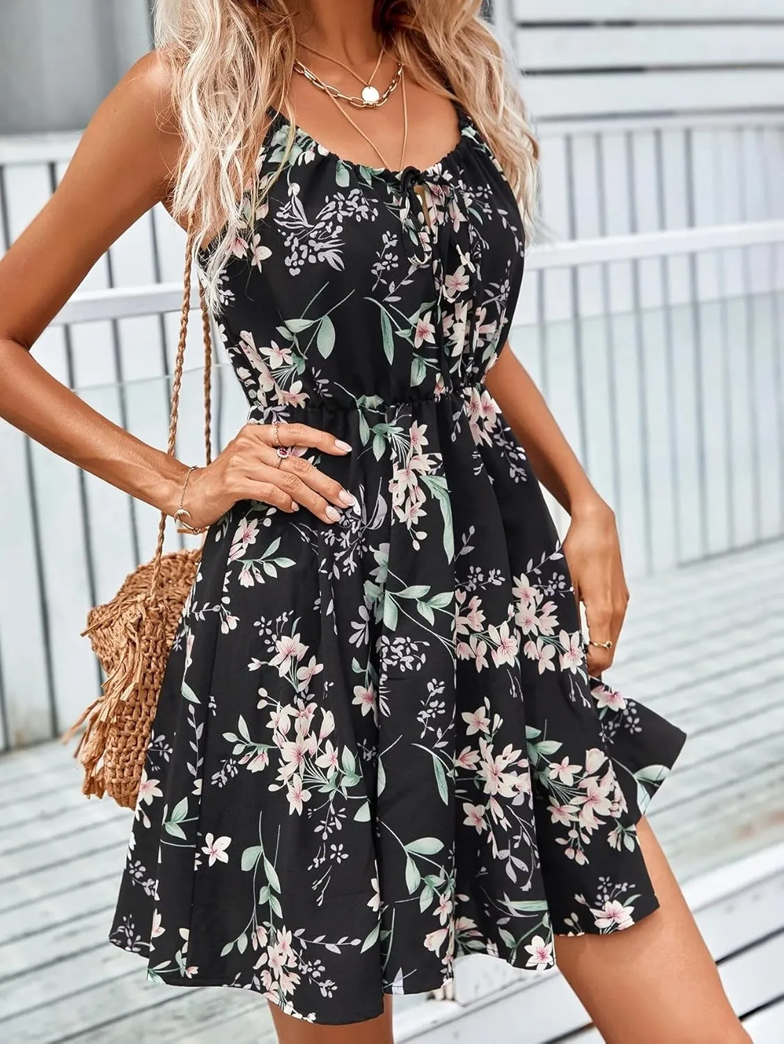 Women's Floral Print Sleeveless A-Line Cami Dress Tie Front Spaghetti Strap Mini Dress Summer Beach Vacation Dresses