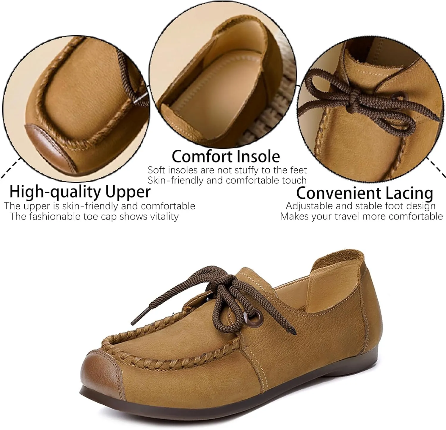 Women's Genuine Leather Flat Loafers Retro Comfortable Round Toe Lace-up Slip On Anti-Slip Soft Bottom Walking Shoes for Daily Work Office Casual Shoes