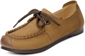 Women's Genuine Leather Flat Loafers Retro Comfortable Round Toe Lace-up Slip On Anti-Slip Soft Bottom Walking Shoes for Daily Work Office Casual Shoes
