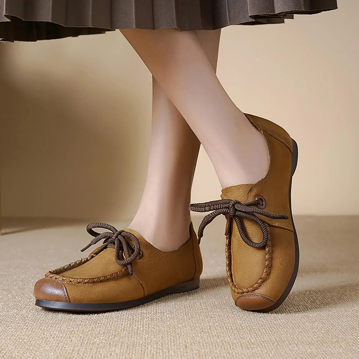Women's Genuine Leather Flat Loafers Retro Comfortable Round Toe Lace-up Slip On Anti-Slip Soft Bottom Walking Shoes for Daily Work Office Casual Shoes