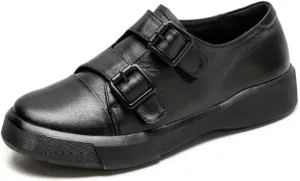 Women's Genuine Leather Hook Loop Loafers Fashion Buckle Strap Comfort Round Toe Non-Slip Soft Bottom Casual Leather Shoes for Work Driving Walking Mom Shoes