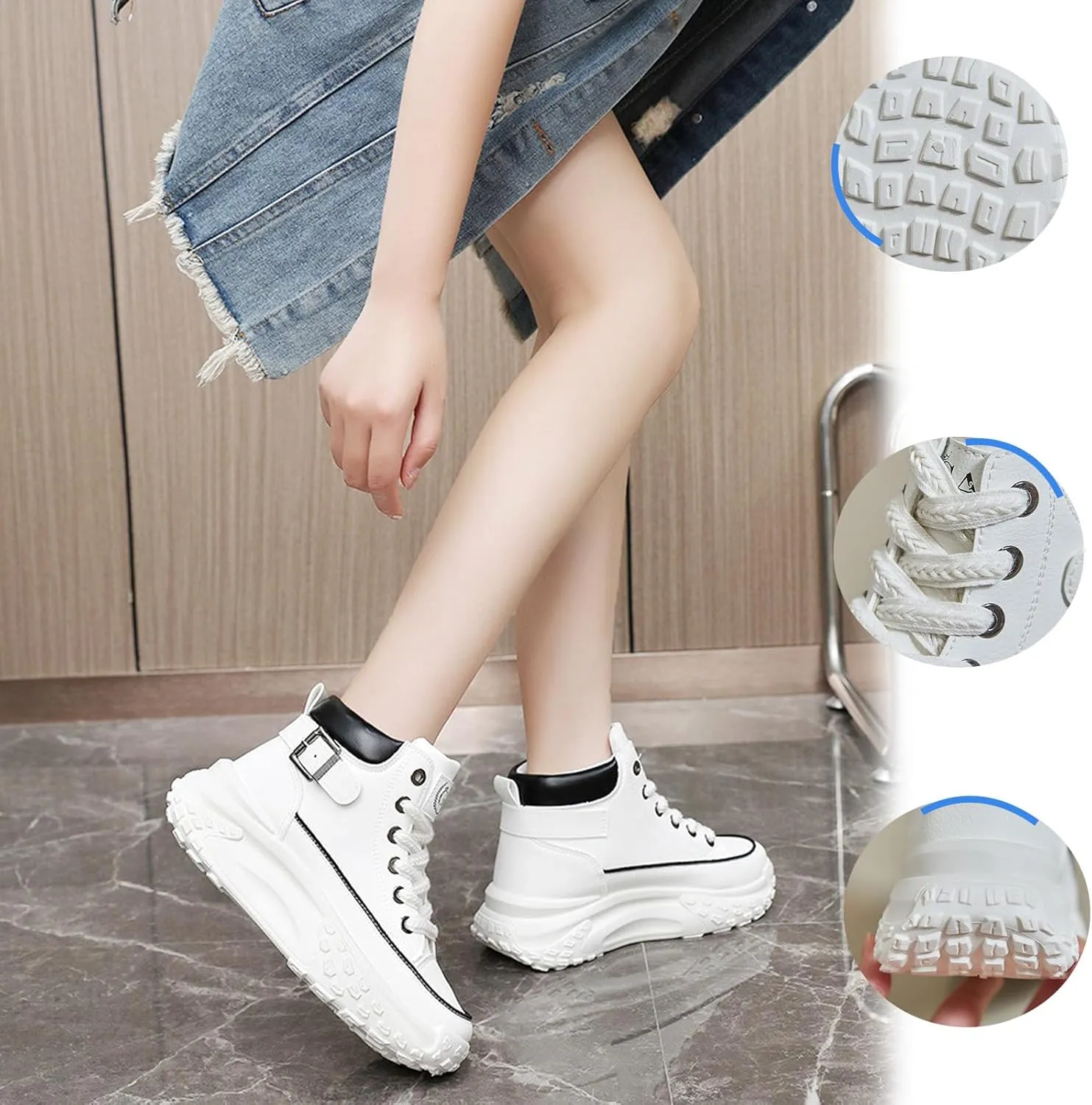 Women's Genuine Leather Lace-Up Platform Sneakers,Outdoor Non-Slip Comfortable High-Top Walking Casual Sneakers