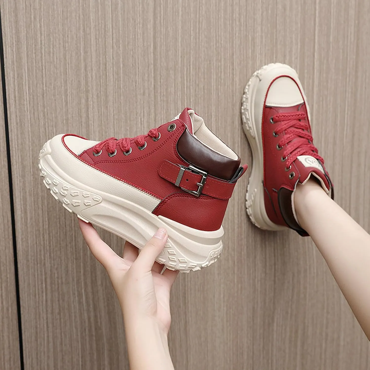 Women's Genuine Leather Lace-Up Platform Sneakers,Outdoor Non-Slip Comfortable High-Top Walking Casual Sneakers