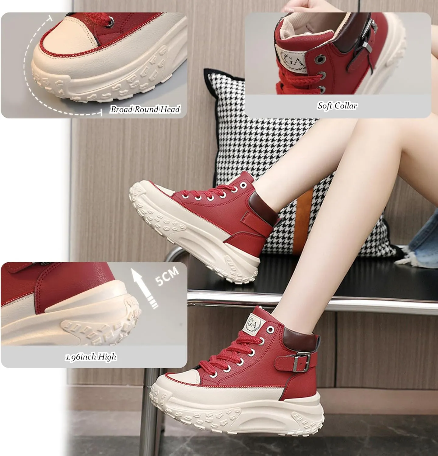 Women's Genuine Leather Lace-Up Platform Sneakers,Outdoor Non-Slip Comfortable High-Top Walking Casual Sneakers