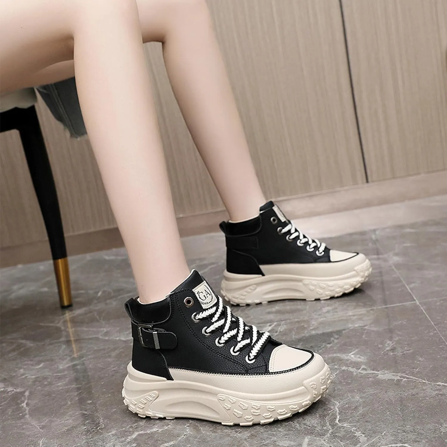 Women's Genuine Leather Lace-Up Platform Sneakers,Outdoor Non-Slip Comfortable High-Top Walking Casual Sneakers