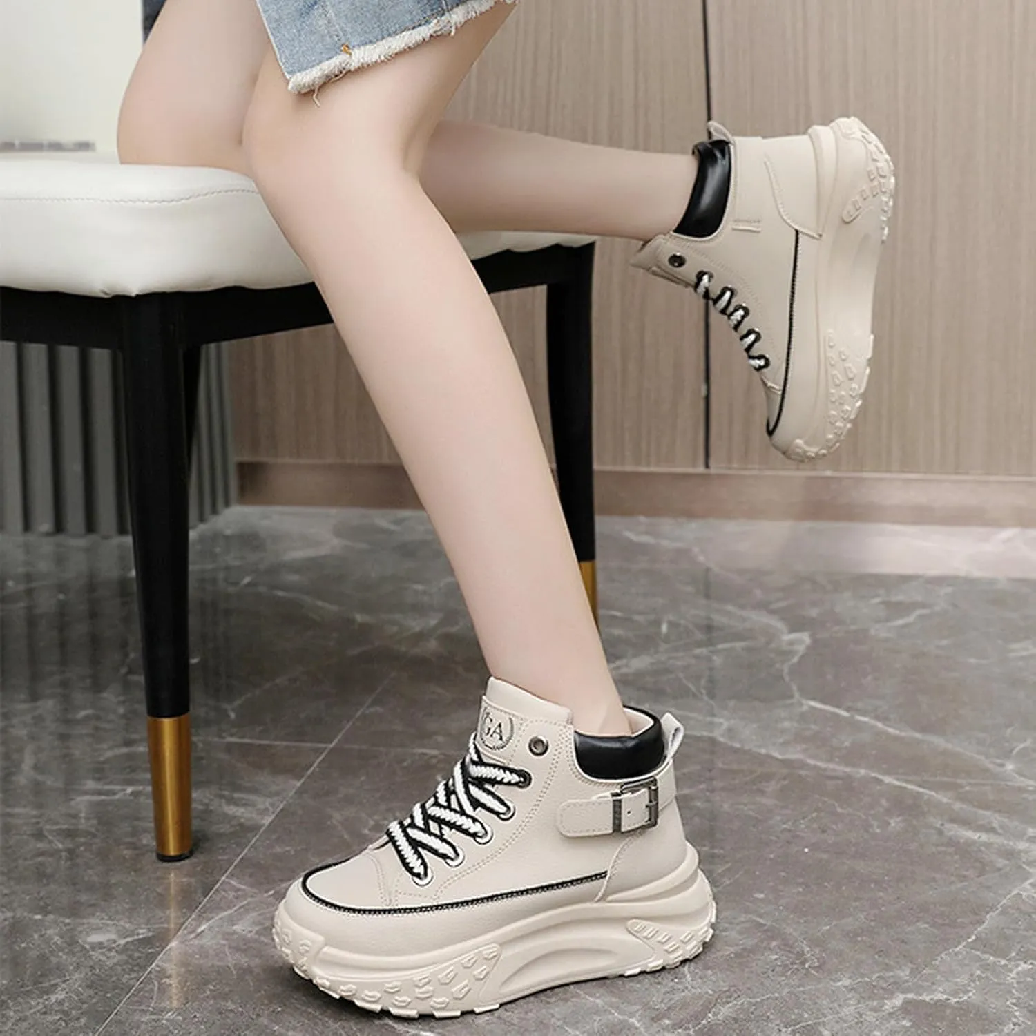 Women's Genuine Leather Lace-Up Platform Sneakers,Outdoor Non-Slip Comfortable High-Top Walking Casual Sneakers