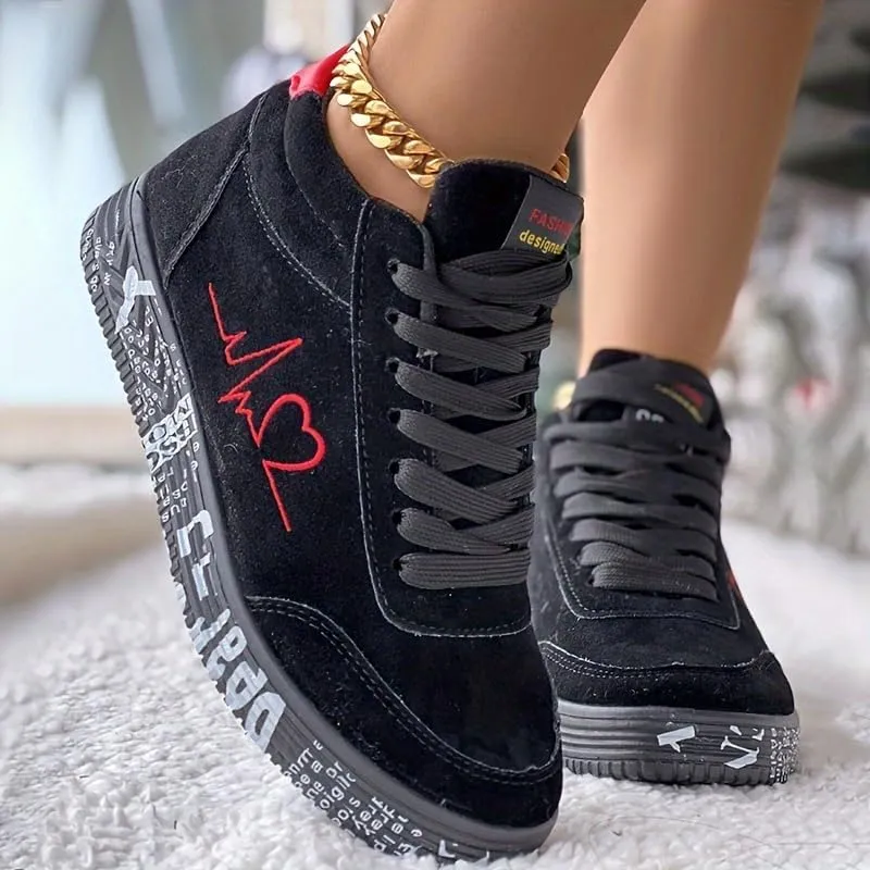Women's Heart Design Casual Sneakers, Lace Up Soft Sole Platform Comfy Skate Shoes, Low-top Valentine's Day Shoes