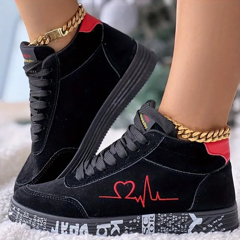 Women's Heart Design Casual Sneakers, Lace Up Soft Sole Platform Comfy Skate Shoes, Low-top Valentine's Day Shoes