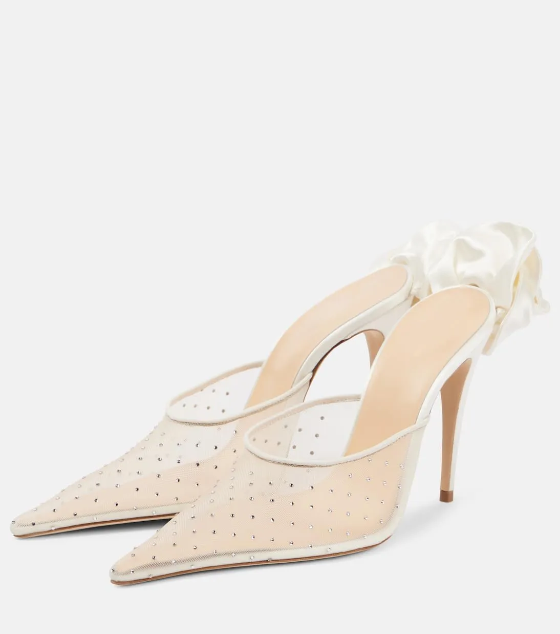Women's High Heel Sandals Mesh Stiletto Heel Flower Rhinestone Embellished Mules Pointed Toe Dress Shoes For Party Wedding