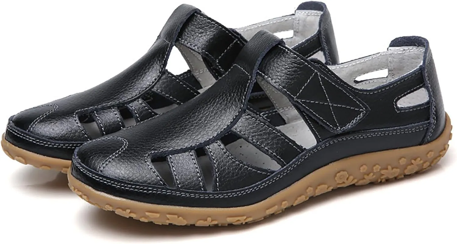 Women's Hollow Casual Shoes Leather Soft Bottom Sandals Comfortable Lightweight Non Slip Breathable Orthopedic Beach Shoes Closed Toe Summer Sneakers
