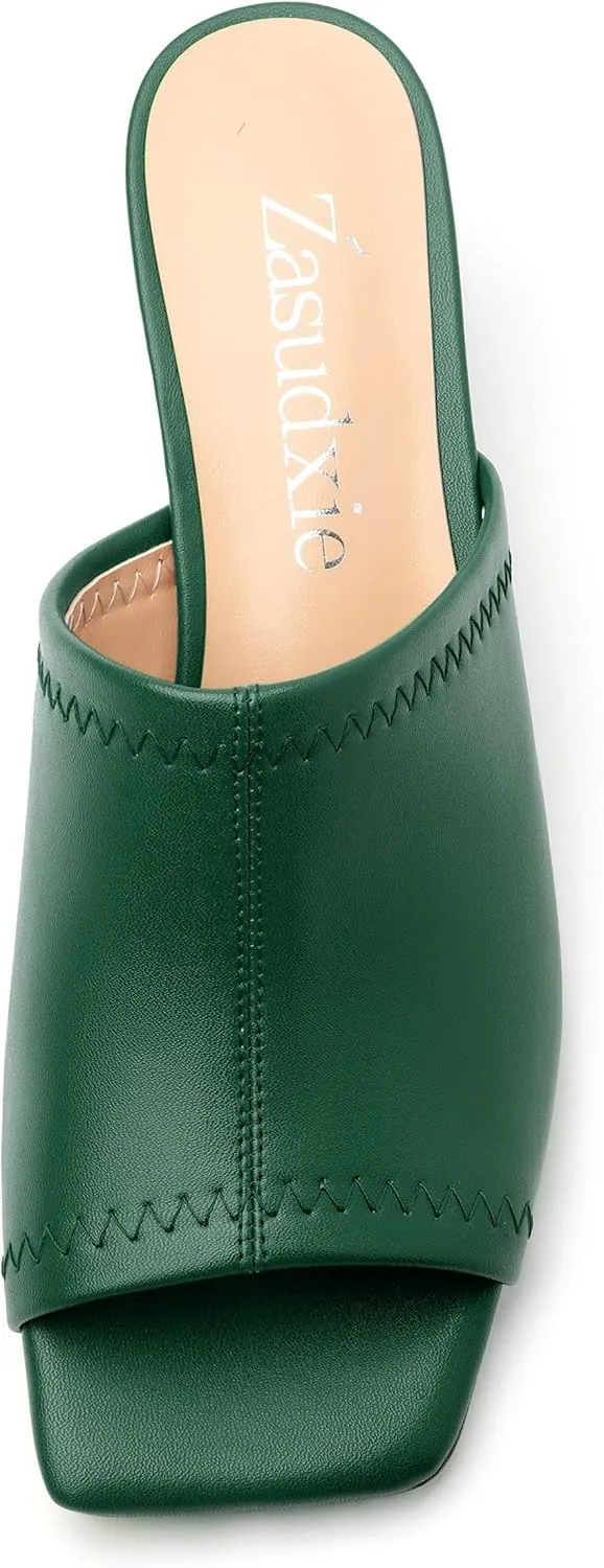 Womens Kitten Heel Open Square Toe Slip-on Sandals Casual Fashion Dress Summer Mules Shoes 2 Inches Heels