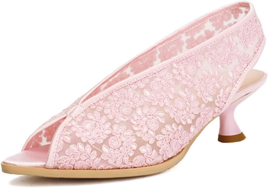 Women's Kitten Low heeled Mesh Open Peep Toe Sandals Shoes Fashion Pointed Toe Mules Sandal Summer Breathable Beach Dressy Pumps