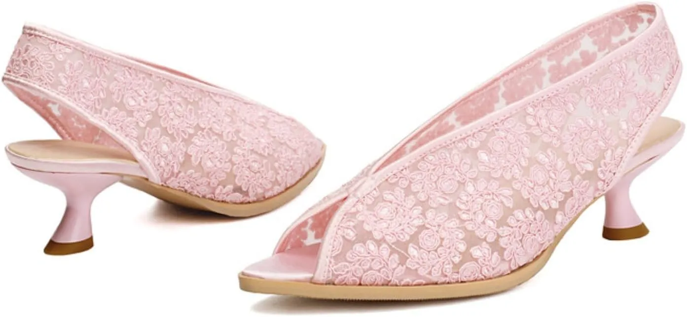 Women's Kitten Low heeled Mesh Open Peep Toe Sandals Shoes Fashion Pointed Toe Mules Sandal Summer Breathable Beach Dressy Pumps