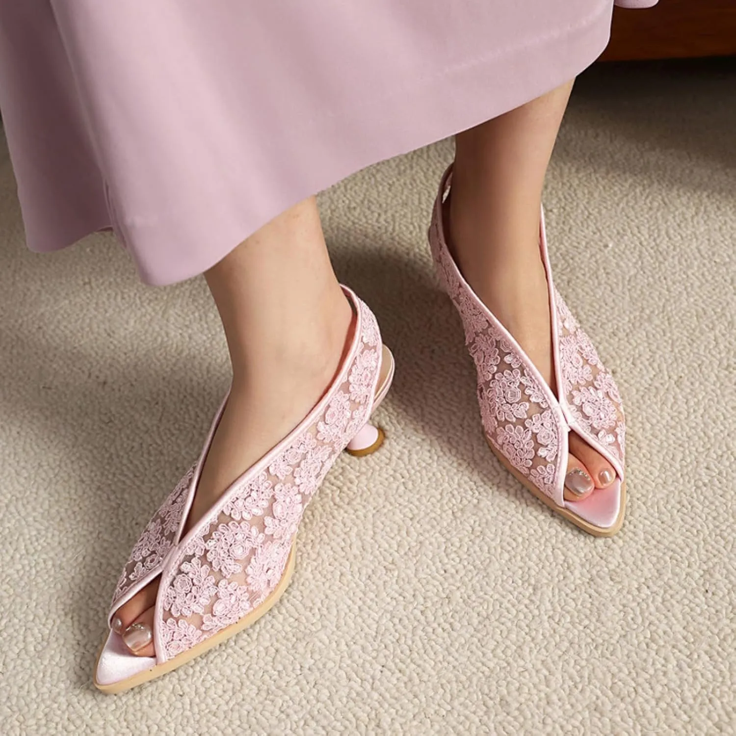 Women's Kitten Low heeled Mesh Open Peep Toe Sandals Shoes Fashion Pointed Toe Mules Sandal Summer Breathable Beach Dressy Pumps