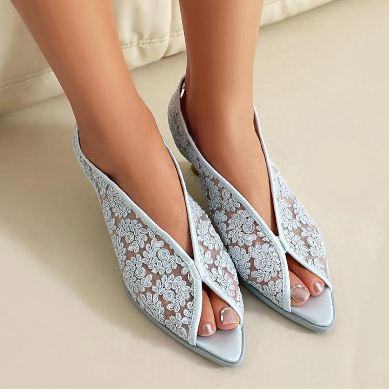 Women's Kitten Low heeled Mesh Open Peep Toe Sandals Shoes Fashion Pointed Toe Mules Sandal Summer Breathable Beach Dressy Pumps
