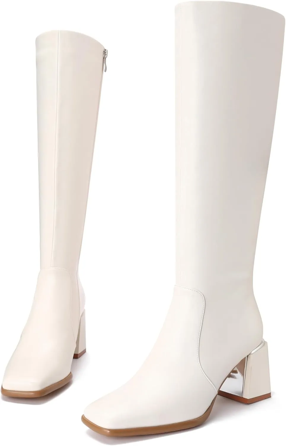 Women's Knee High Boots Block Metal Heel Square Toe Side Zipper Soft PU Leather Classic Fashion Dress Long Boots