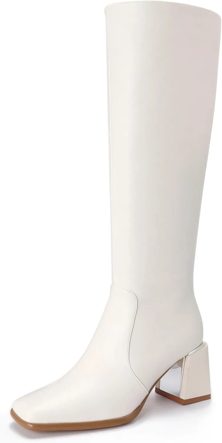 Women's Knee High Boots Block Metal Heel Square Toe Side Zipper Soft PU Leather Classic Fashion Dress Long Boots