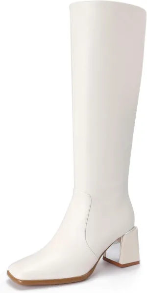 Women's Knee High Boots Block Metal Heel Square Toe Side Zipper Soft PU Leather Classic Fashion Dress Long Boots