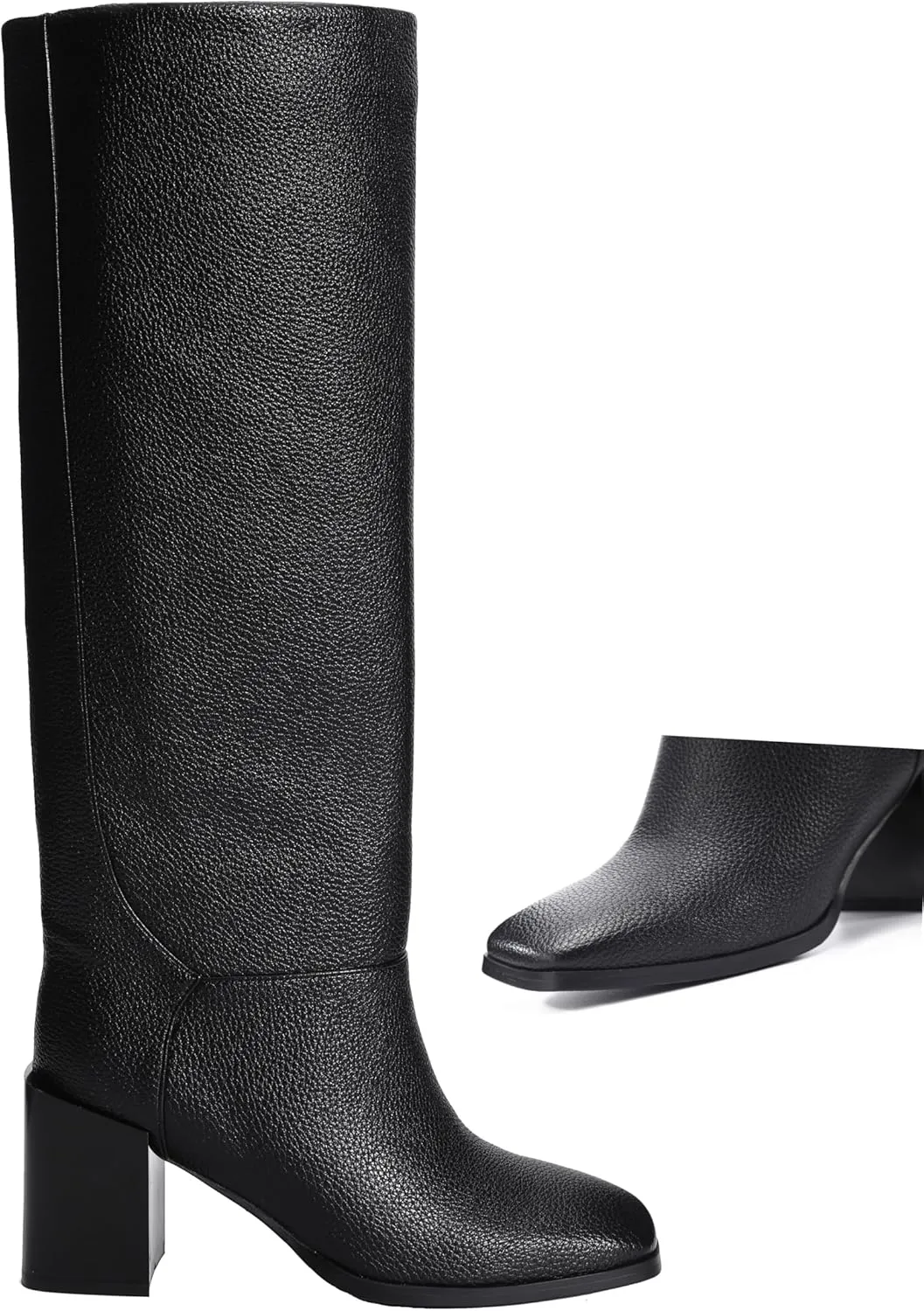 Women's Knee High Boots Chunky Heel Square Toe Side Zipper Tubular Leg Soft Lichee PU Leather Classic Fashion Dress Long Boots