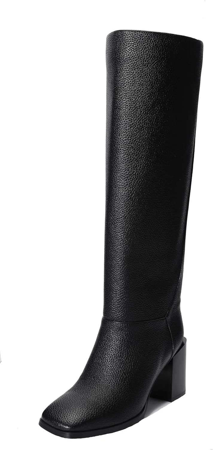 Women's Knee High Boots Chunky Heel Square Toe Side Zipper Tubular Leg Soft Lichee PU Leather Classic Fashion Dress Long Boots