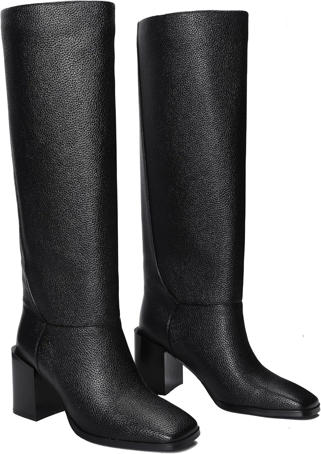 Women's Knee High Boots Chunky Heel Square Toe Side Zipper Tubular Leg Soft Lichee PU Leather Classic Fashion Dress Long Boots