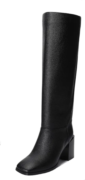 Women's Knee High Boots Chunky Heel Square Toe Side Zipper Tubular Leg Soft Lichee PU Leather Classic Fashion Dress Long Boots