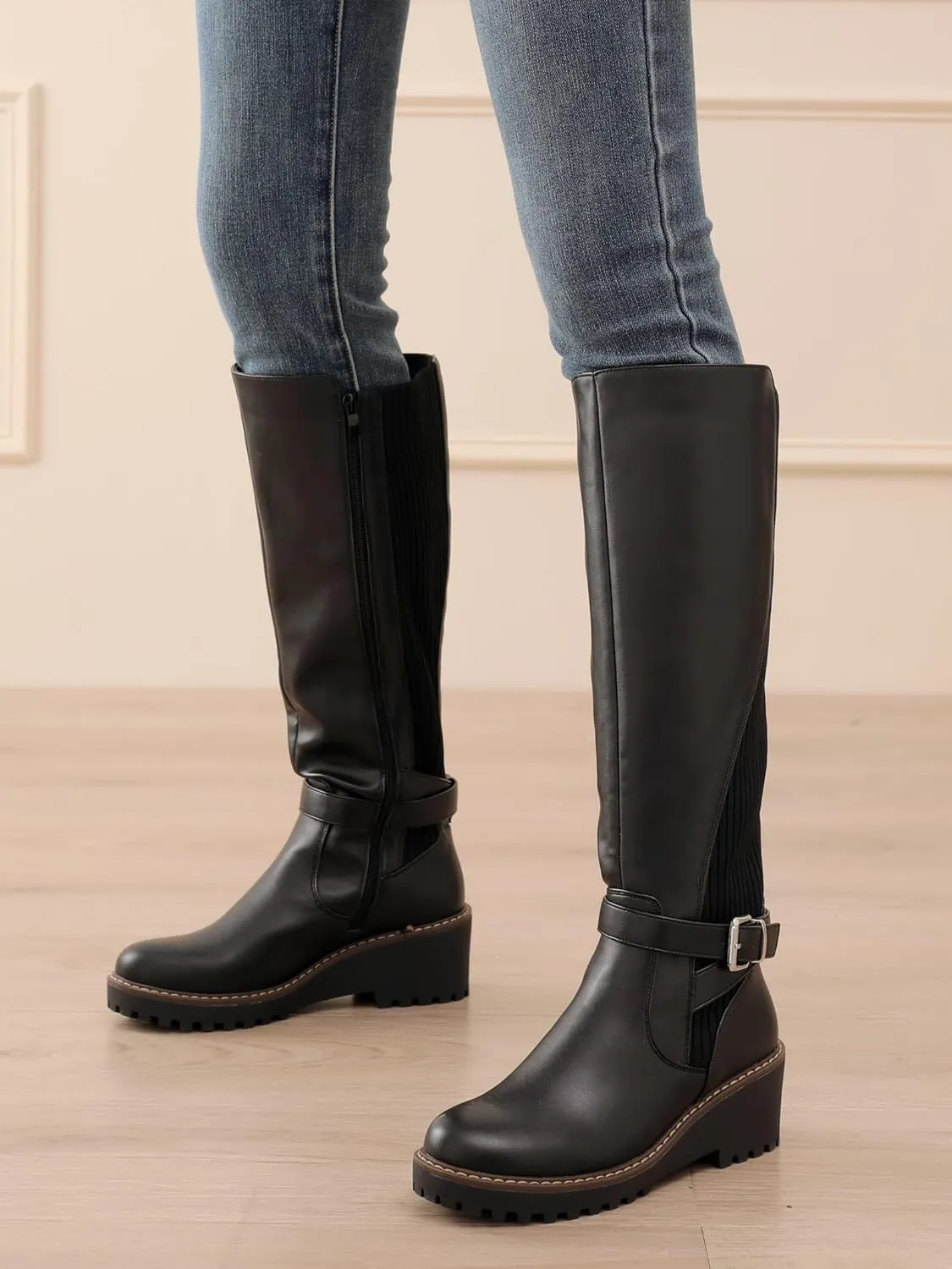Women's Knee High Boots Wedge Tall Fall Boots Round Toe Comfortable Size Zip with Fashion Buckles Platform Boots for Women