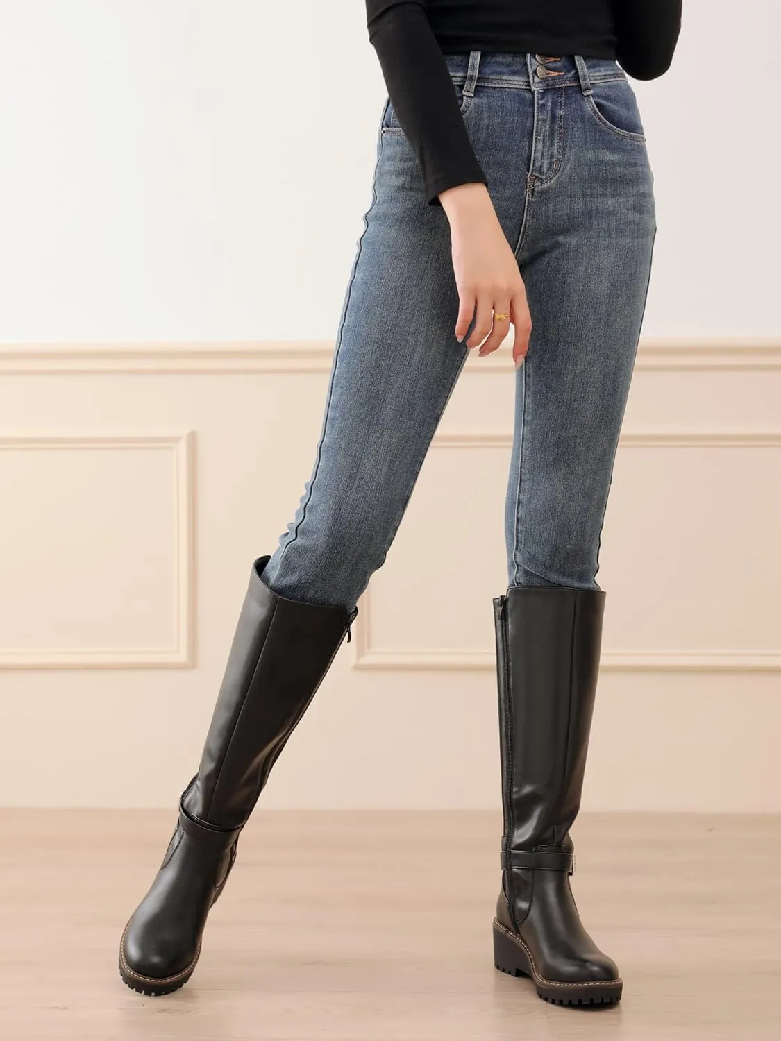 Women's Knee High Boots Wedge Tall Fall Boots Round Toe Comfortable Size Zip with Fashion Buckles Platform Boots for Women