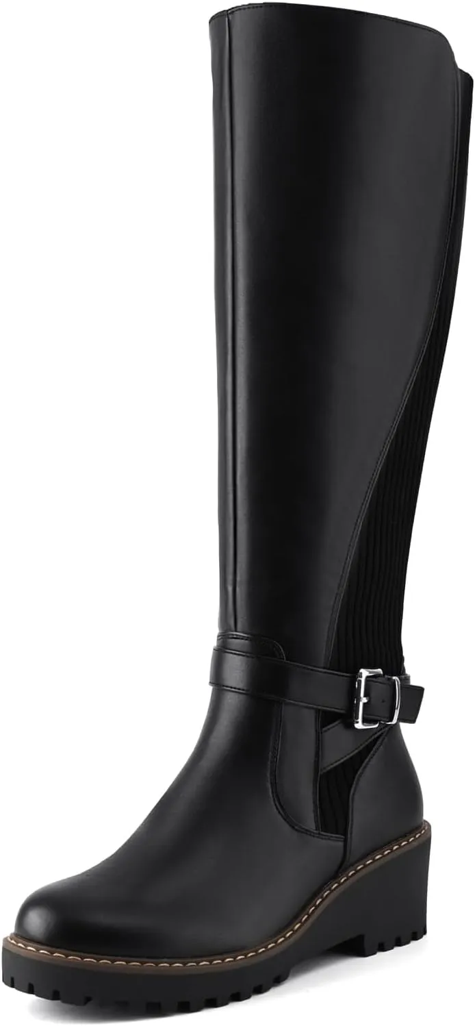 Women's Knee High Boots Wedge Tall Fall Boots Round Toe Comfortable Size Zip with Fashion Buckles Platform Boots for Women