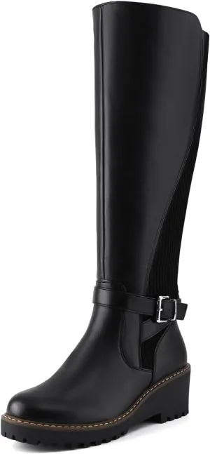 Women's Knee High Boots Wedge Tall Fall Boots Round Toe Comfortable Size Zip with Fashion Buckles Platform Boots for Women