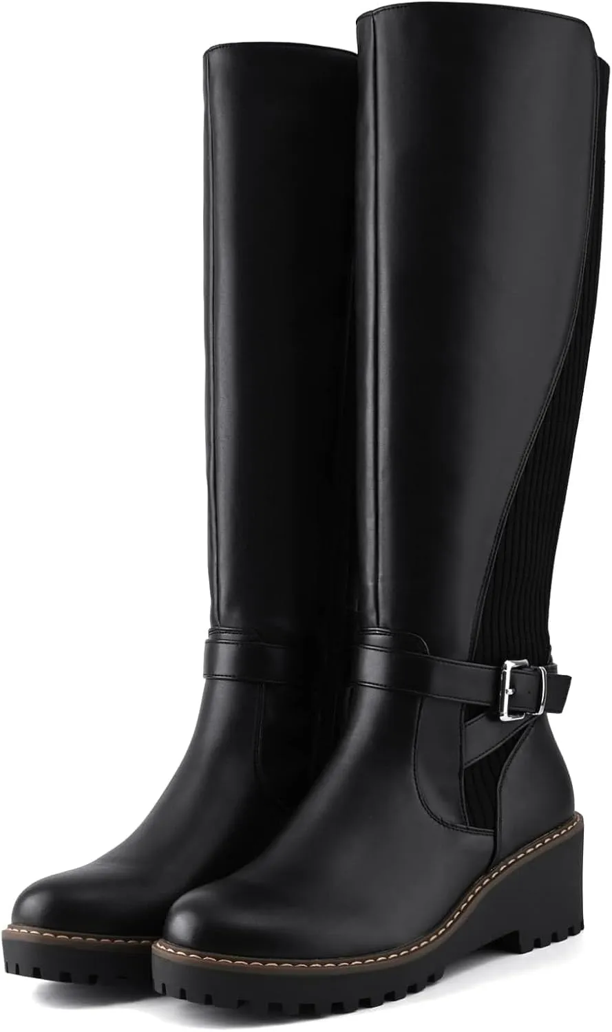 Women's Knee High Boots Wedge Tall Fall Boots Round Toe Comfortable Size Zip with Fashion Buckles Platform Boots for Women