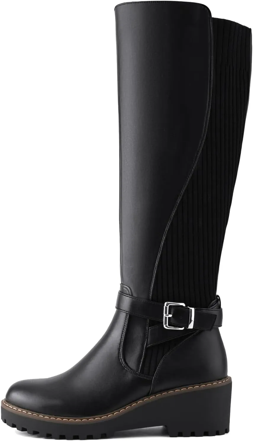 Women's Knee High Boots Wedge Tall Fall Boots Round Toe Comfortable Size Zip with Fashion Buckles Platform Boots for Women